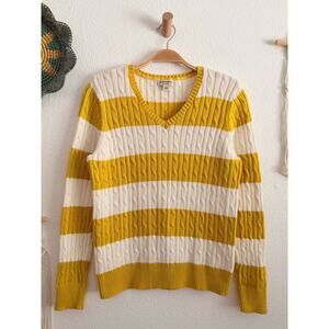 St. John's Bay Yellow Cream Stripe V-Neck Classic Cable Knit Sweater Size Large